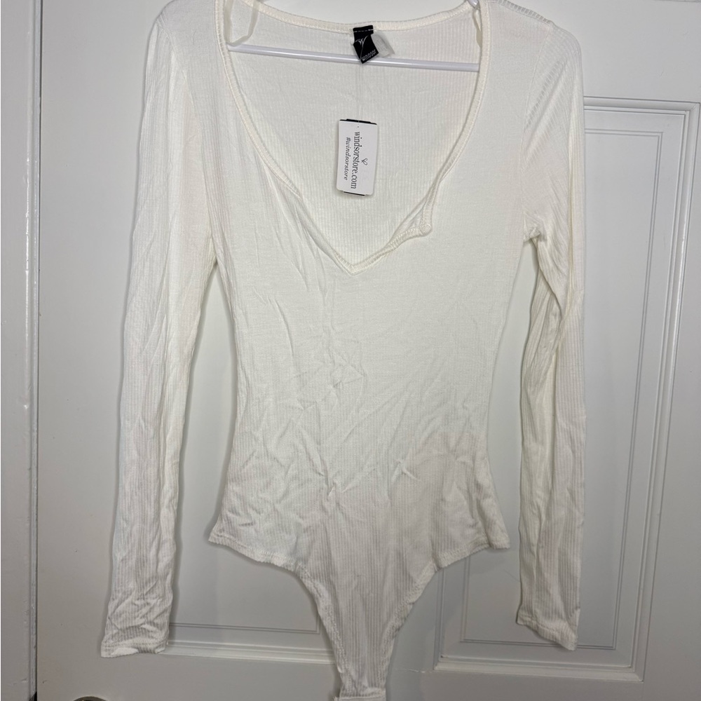 Off White Deep V Long Sleeve Bodysuit